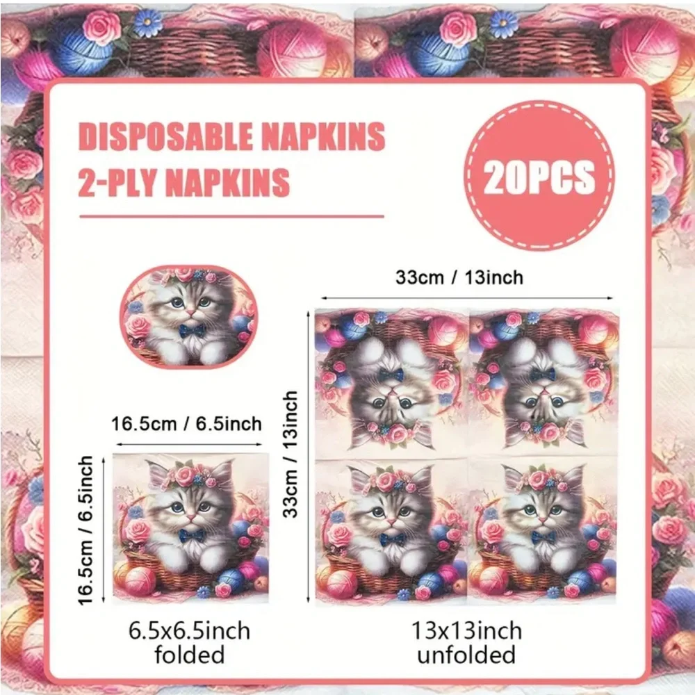 Rose Sweet Bow Tie Kitten w Yarn in Basket Luncheon Paper Napkins, 20 ct